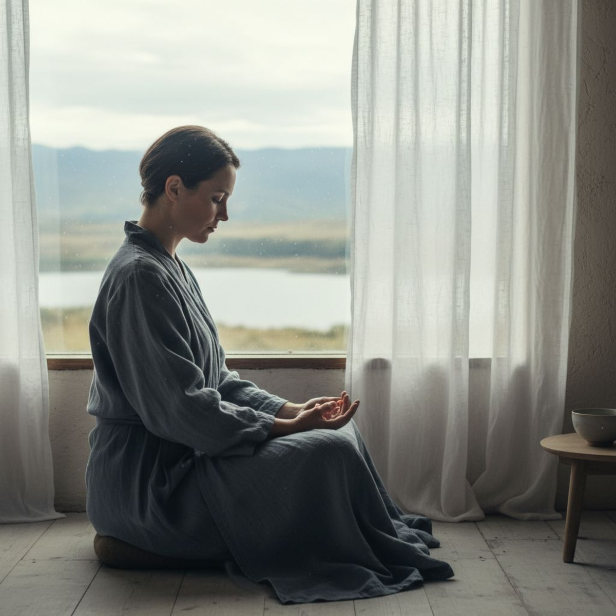 a solitary woman figure in a thoughtful pose meditating